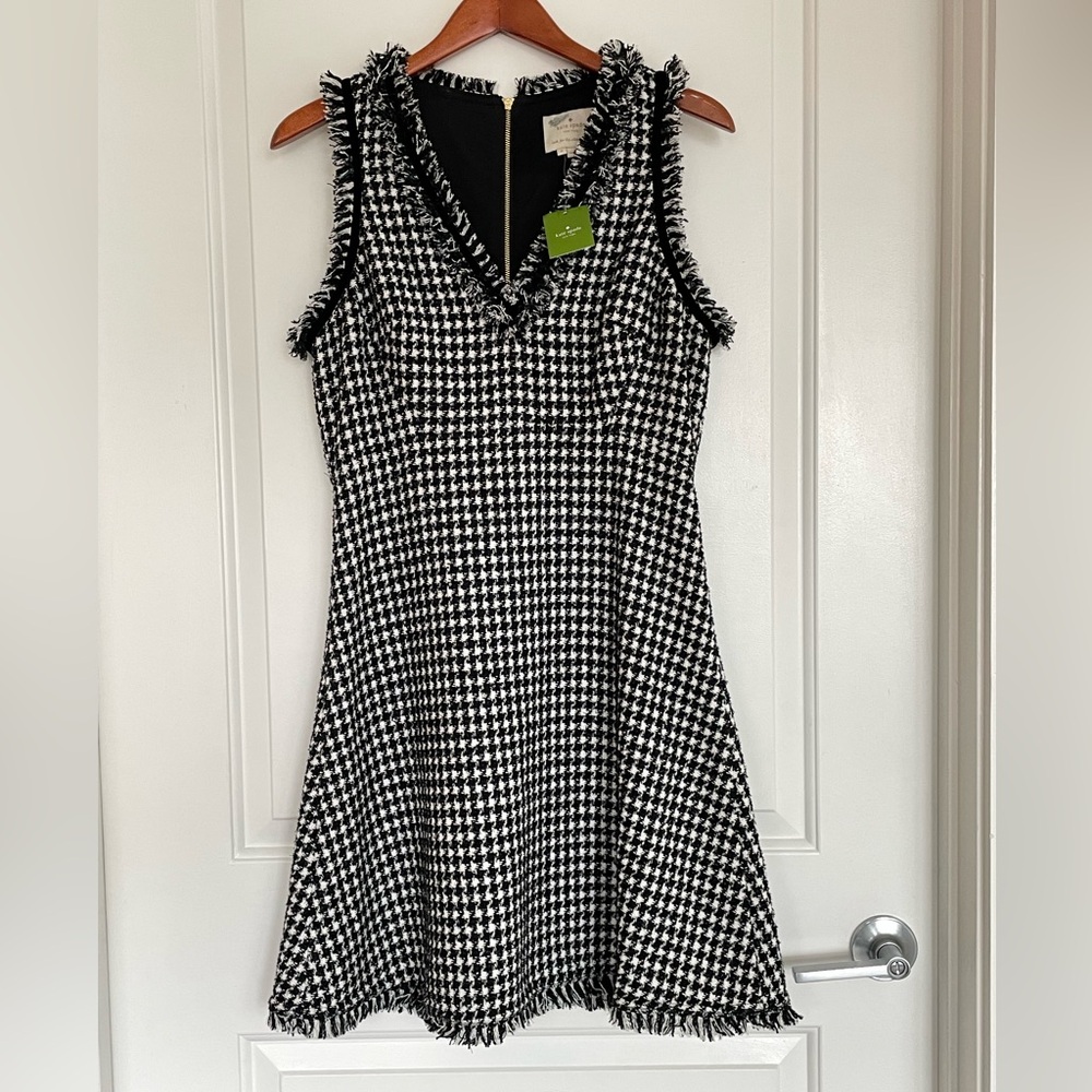 Kate Spade NWT Houndstooth Sheath Dress Sleeveless Fringe Trim Chic Tweed